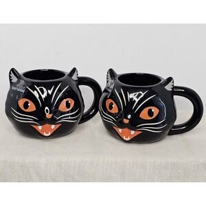 Black Cat Whimsy Mystic Hand Painted Sett Of 2 Coffee Mugs